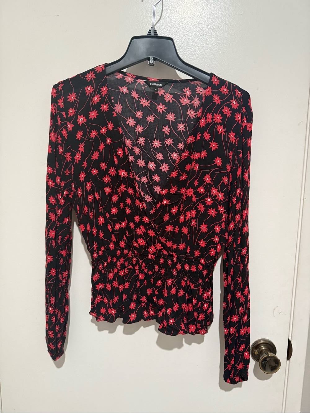 Express Black Long-Sleeve Wrap Top with Red Floral Print